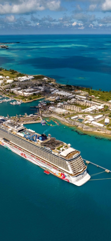 An aerial view of two large cruise ships in calm waters by a port.